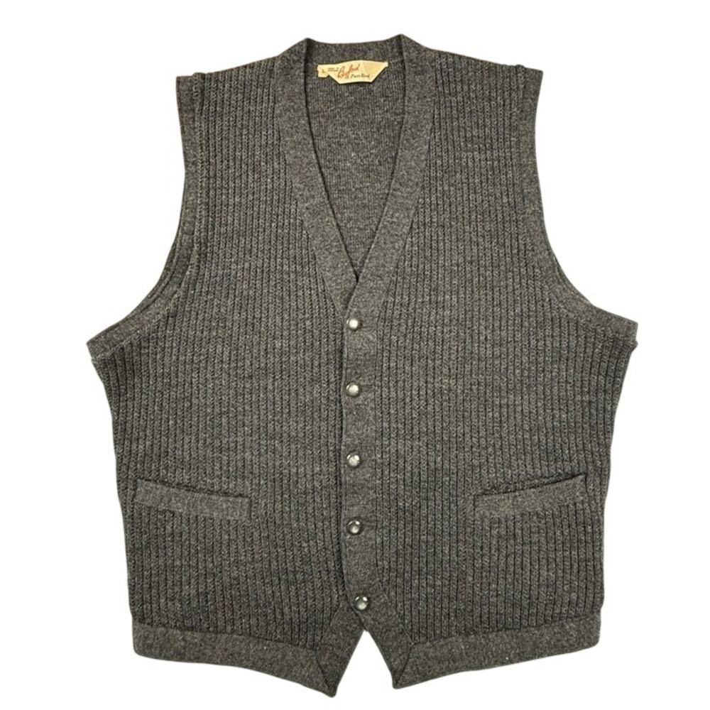 Vintage Byford Pure Wool Cardigan Vest Grey Ribbed Made in England Mens Large